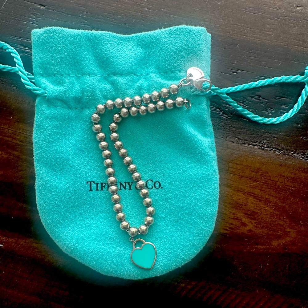 Tiffany & Co. Silver Bead Bracelet with Blue Heart Charm
